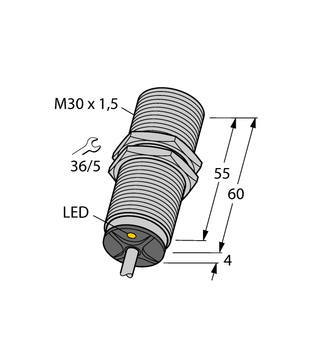 Turck Inductive Proximity Stainless Steel Barrel Sensor; 30mm; Embeddable; 20-250VAC / 10-300VDC; NC; 2-Wire